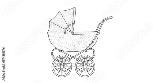 Detailed black and white line drawing of a vintage style baby carriage with large wheels and a foldable hood for classic nursery themes.