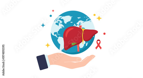World Hepatitis Day graphic showing a human liver over a globe held by a hand for awareness and global healthcare campaigns.