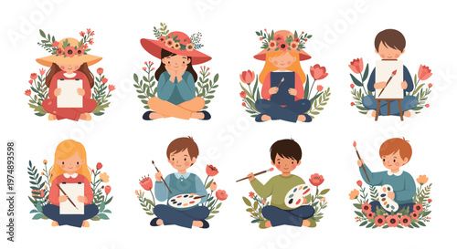 Set of eight illustrations of young boys and girls sitting in a garden and painting on canvases for art education and creative themes.