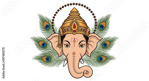 Lord ganesha head with peacock feathers and a decorative crown symbolizes wisdom and prosperity for religious and cultural celebrations.