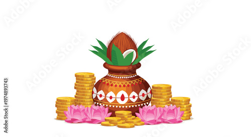 Prosperity symbol for diwali and dhanteras features a decorative pot with coconut surrounded by gold coins and pink lotus flowers.