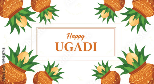 Happy ugadi greeting card features multiple decorative pots with mango leaves and coconuts arranged as a border around celebratory text.