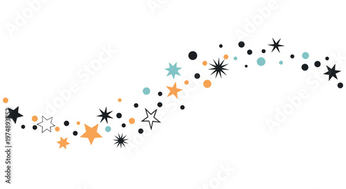 Magical star trail waves across a white background with a mix of colorful stars and dots for a dreamy and celebratory graphic.