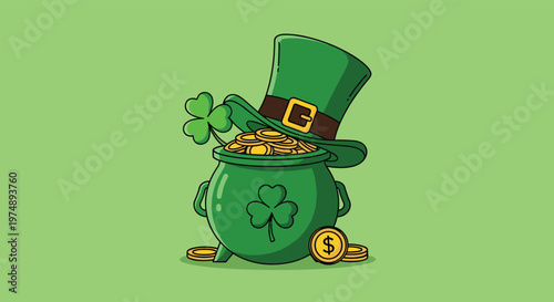 St patrick day pot of gold full of lucky coins and a green leprechaun hat sit on a vibrant green background with shamrocks.