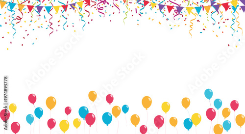 Vibrant celebration background features festive balloons at the bottom and colorful bunting with confetti at the top on white.