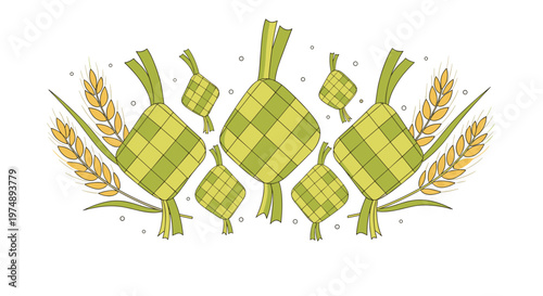 Traditional ketupat arrangement with ears of wheat on a clean white background represents festive food for islamic holidays.