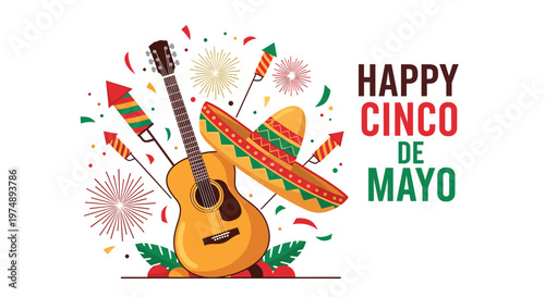 Happy cinco de mayo celebration banner features a guitar, sombrero, and colorful fireworks for a festive mexican holiday greeting.