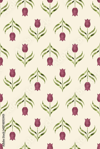 Seamless Tulip Floral Pattern with Decorative Leaves on Beige Background for Fabric, Paper, Textile