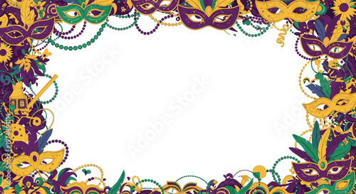 Elaborate Mardi Gras frame composed of ornate masks colorful beads and exotic feathers surrounding a blank white space.