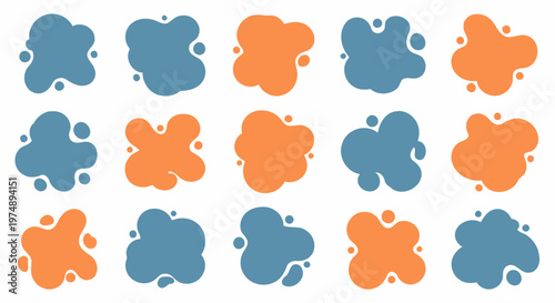 Abstract Colorful Organic Blobs Collection on Isolated White Background, Irregular Liquid Shapes in Orange and Blue, Modern Fluid Graphic Elements Set