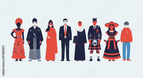 Diverse Multicultural Group of People in Traditional Global Attire Standing in Bright Studio, International Community Representing Various Cultures and Ethnicities
