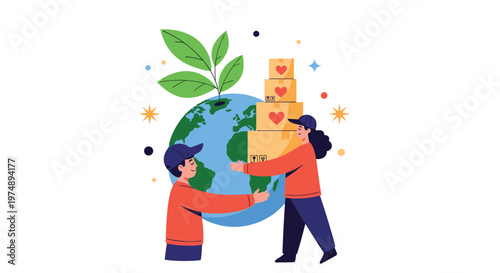Concept of eco friendly shipping showing two people holding cardboard boxes near a green and blue globe with leaves.