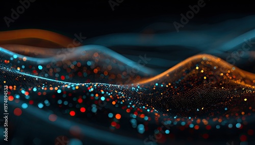 Abstract flowing waves of glowing particles in a dark expanse