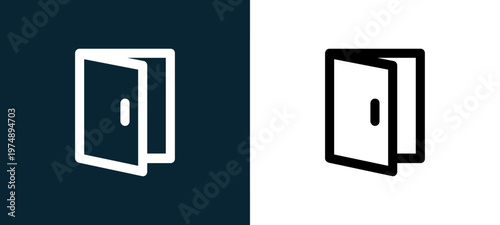 Black and white door open outline icon duo, editable stroke vector illustration for web, mobile apps, UI design, branding, and print from Home Furniture