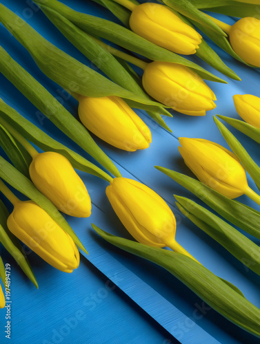 lay of tulip stems aligned parallel on a blue background, creating geometric repetition and visual rhythm, with copy space left intentionally for text placement. tulip, stems, aligned, parallel, 