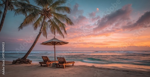 Serene beach scene with lounge chairs under a palm tree at sunset
