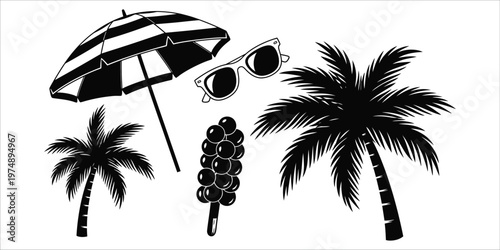 Tropical beach scene with umbrella palm trees and sunglasses