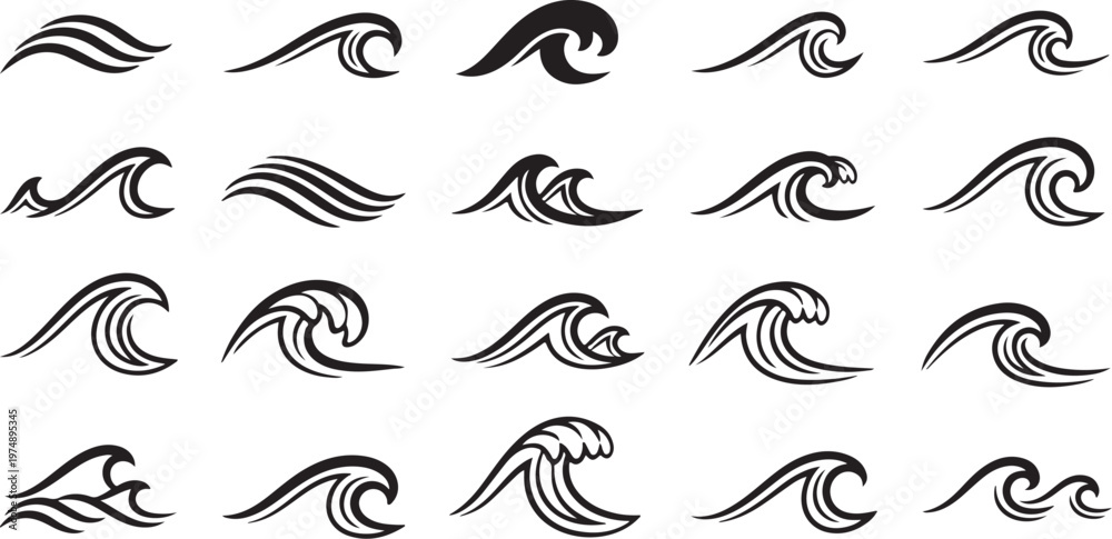 Fototapeta premium Collection of various wave icons in black and white
