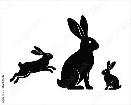 Three black silhouette rabbits a study in form and movement