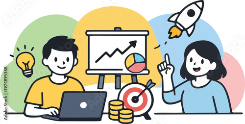 Business growth strategy target and success concept with charts and rocket flat vector illustration.