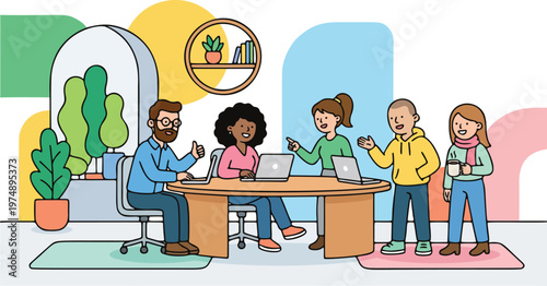 Business team working together in office workspace collaboration flat vector illustration.