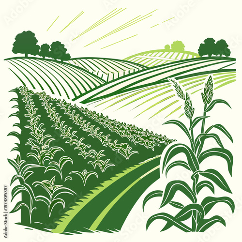 A stylized illustration depicts rolling green fields crops and distant trees under a radiant sun evoking a peaceful rural landscape high quality