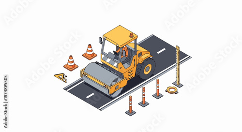 Isometric Yellow Road Roller Compacting Asphalt on Road Construction Site with Traffic Cones and Safety Equipment Vector Illustration