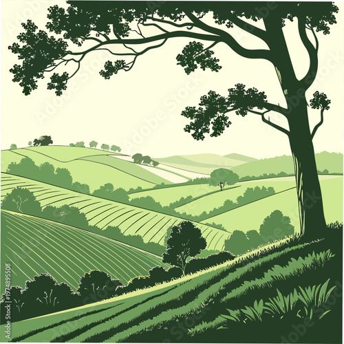 A stylized vector illustration depicts rolling green hills and farmland under a soft hazy sky with prominent trees high quality professional detailed