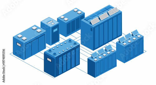 Isometric Illustration of a Large-Scale Blue Industrial Battery Energy Storage System (BESS) for Renewable Energy Infrastructure