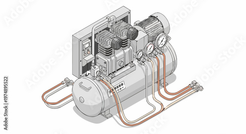 Isometric Industrial Air Compressor Illustration - Technical Machinery Design for Engineering and Manufacturing