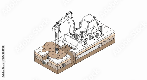 Isometric Illustration of an Excavator Digging a Trench for Underground Utility Pipes and Infrastructure Maintenance
