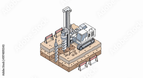 Isometric Illustration of a Drilling Rig Boring Machine on a Construction Site, Civil Engineering Foundation Work and Ground Excavation Concept