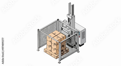 Isometric 3D Automated Palletizing Machine with Cardboard Boxes in Safety Enclosure for Industrial Logistics and Warehouse Automation
