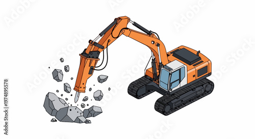 Isometric Vector Illustration of Orange Hydraulic Excavator with Jackhammer Breaker Crushing Rocks