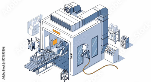 Industrial Car Manufacturing Facility: Automated Spray Paint Booth and Assembly Line Isometric Illustration