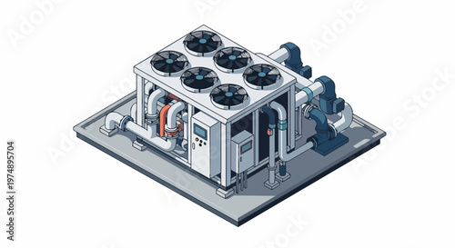 Isometric Industrial HVAC Chiller Unit with Cooling Fans and Pipes. 3D Technical Illustration of Commercial Climate Control System and Machinery.