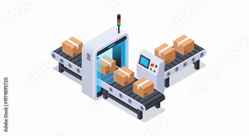 Wallpaper Mural Automated Logistics Conveyor Belt with Cardboard Boxes in Isometric 3D Style Torontodigital.ca