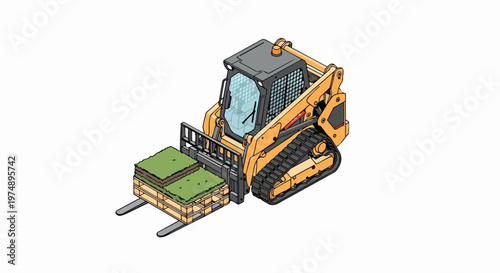 Isometric Compact Track Loader Skid Steer with Pallet Forks Carrying Grass Sod Pallet, Professional Landscaping and Construction Equipment Illustration