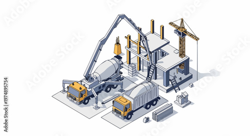 Isometric Construction Site Illustration with Concrete Pump Truck, Tower Crane, and Building Structure