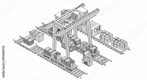 Isometric Industrial Logistics Hub with Gantry Crane and Freight Trains Loading Cargo Containers