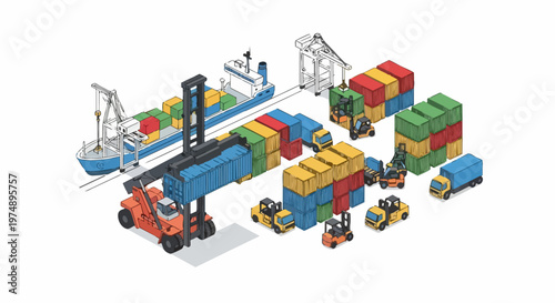 Wallpaper Mural Isometric Logistics Terminal with Container Ship, Cranes, Forklifts and Cargo Containers for Global Trade and Supply Chain Management Illustration Torontodigital.ca