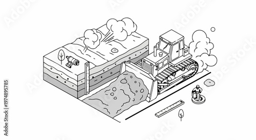 Wallpaper Mural Isometric Line Art Illustration of a Bulldozer Excavating a Construction Site with Earth Cross Section and Civil Engineering Elements Torontodigital.ca