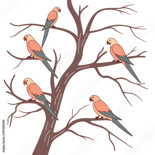 A whimsical illustration depicts four rosy faced lovebirds perched on the bare branches of a brown tree against a plain white background