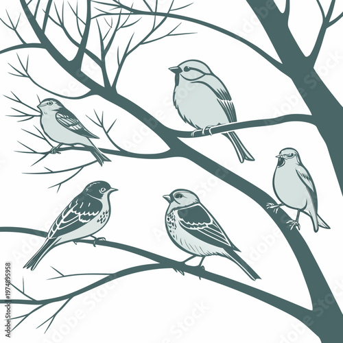 A collection of stylized songbirds perch on dark branches against a clean white background displaying detailed feather patterns high quality professional modern