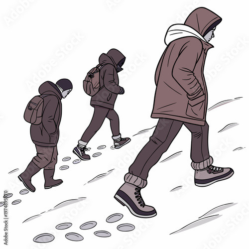 A stylized illustration depicts three figures walking in a row seemingly facing harsh weather conditions each bundled in winter clothing high quality