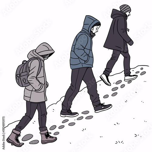 Three individuals are depicted walking outdoors in winter clothing including hooded jackets and backpacks against a simple background high quality professional detailed