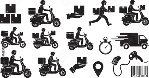 Delivery Services Icons Set with Riders and Packages