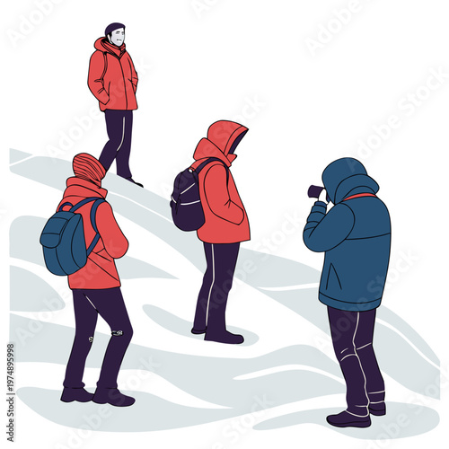 A stylized illustration depicts three individuals bundled in winter clothing seemingly interacting in a snowy environment with a photographer high quality professional