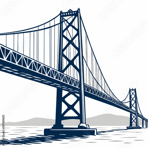 A stylized blue toned illustration depicts the iconic san francisco oakland bay bridge showcasing its impressive scale and structural engineering high quality