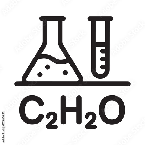 Simple line art depicting chemistry glassware and a water molecule
